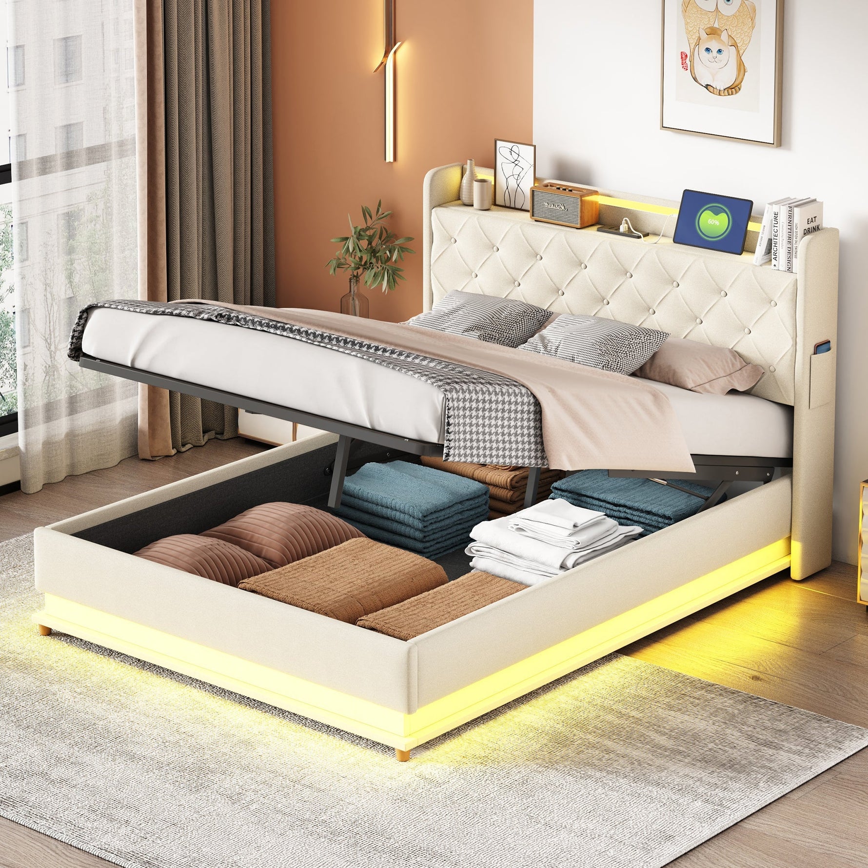 LED Upholstered Bed 140x200 cm, USB Charging & Hydraulic Storage, Linen Fabric Beige