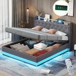 LED Upholstered Bed, 160x200 cm with USB Charging & Hydraulic Storage, Linen Fabric Gray