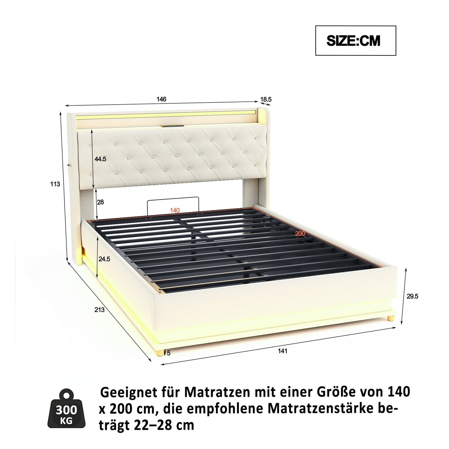 LED Upholstered Bed 140x200 cm, USB Charging & Hydraulic Storage, Linen Fabric Beige
