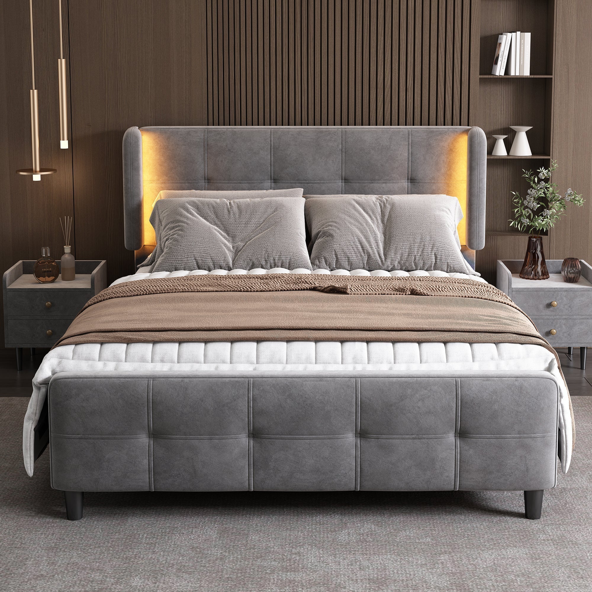 Upholstered Bed, Double with 16-Color LED, Adjustable Headboard, Velvet Gray