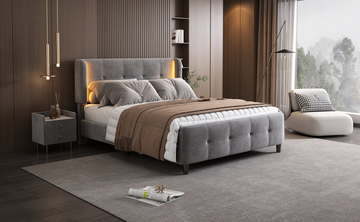 Upholstered Bed, Double with 16-Color LED, Adjustable Headboard, Velvet Gray