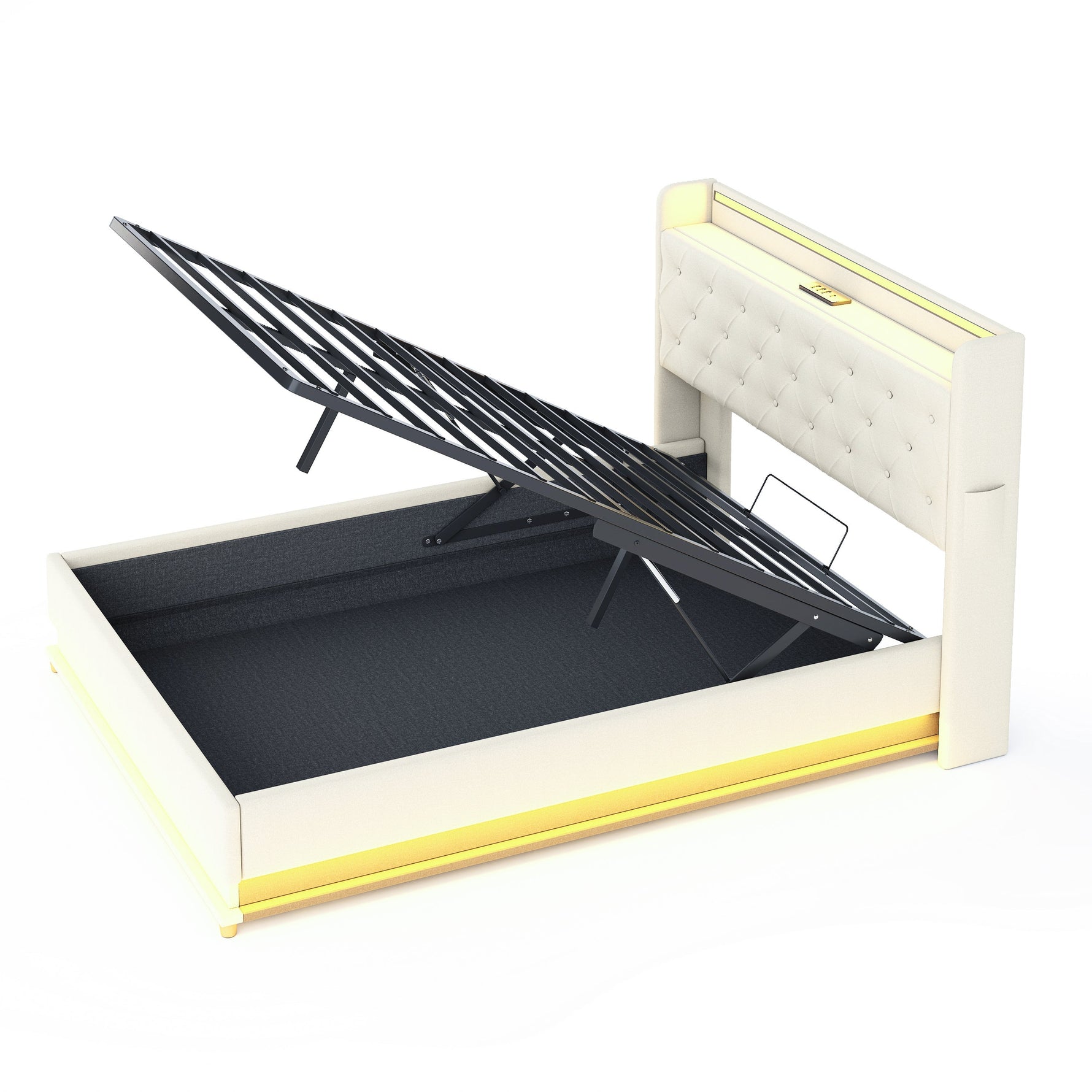 LED Upholstered Bed 140x200 cm, USB Charging & Hydraulic Storage, Linen Fabric Beige