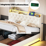 LED Upholstered Bed 160*200 cm, USB Charging Port, Hydraulic Storage, Skin-Friendly Linen Fabric Beige