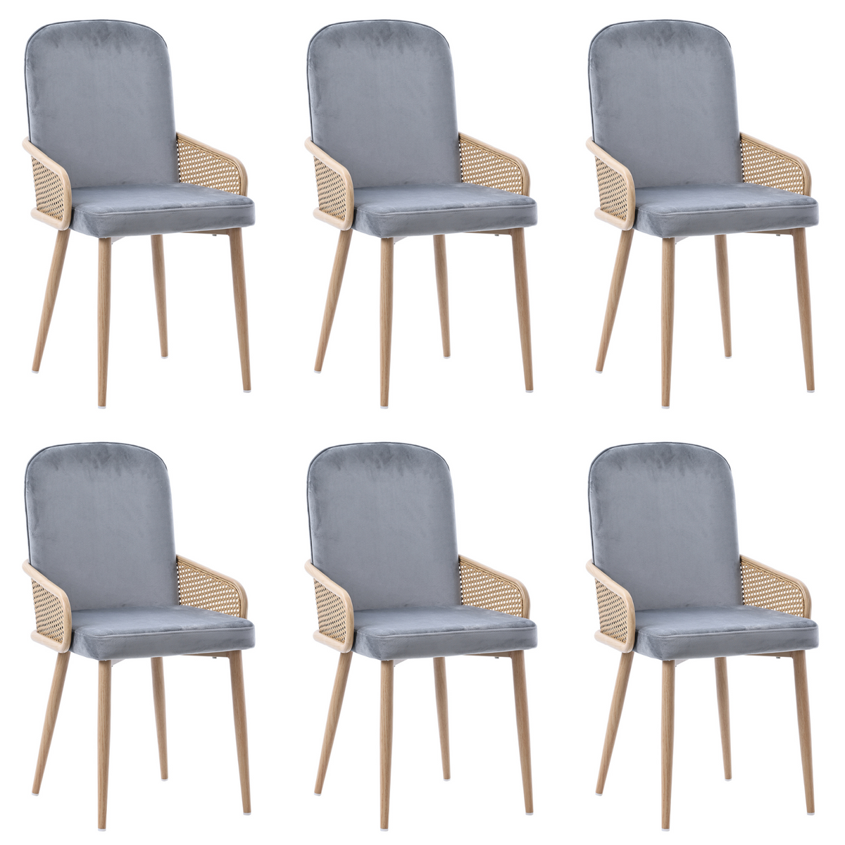 Velvet Dining Chair Set of 6 with Rattan Design and Metal Legs, Grey