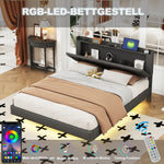 Upholstered Bed, 160x200cm, USB & LED, Linen Gray