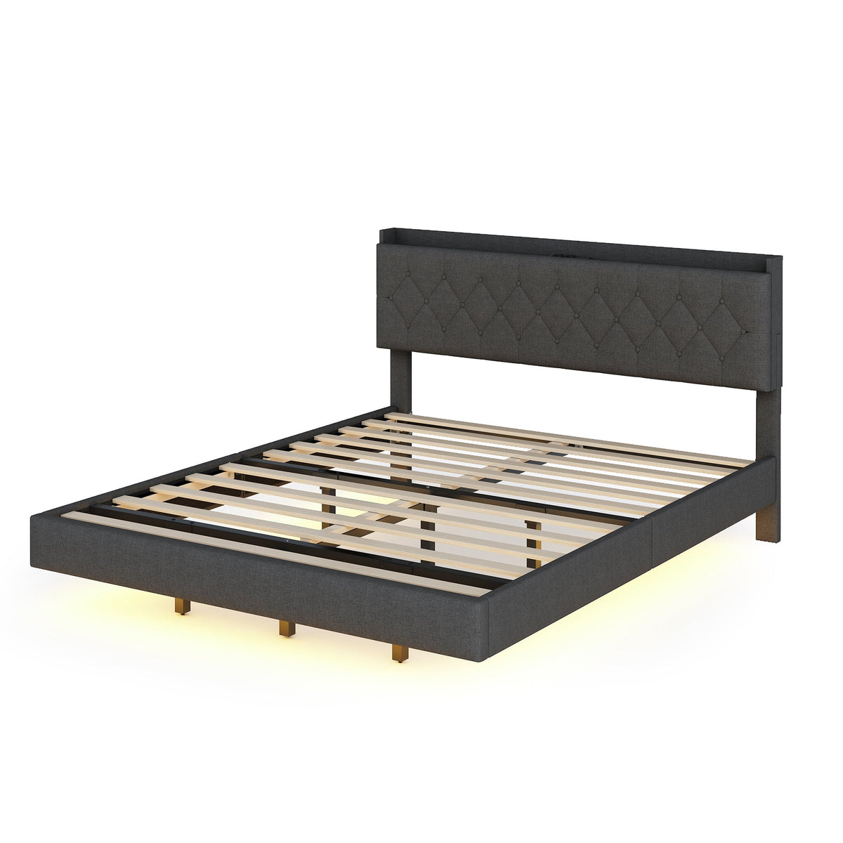 Upholstered Bed, 160x200cm, USB & LED, Linen Gray