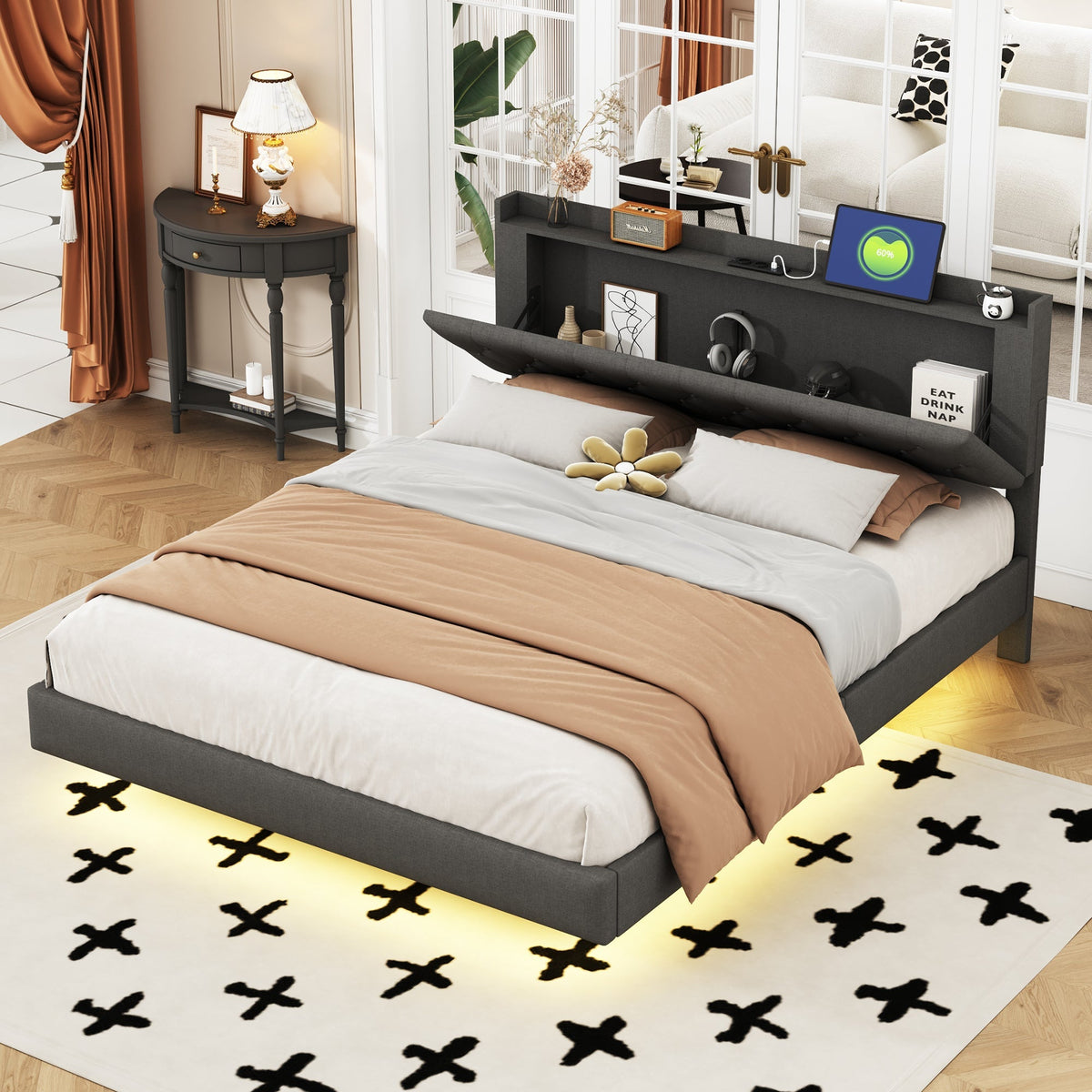 Upholstered Bed, 160x200cm, USB & LED, Linen Gray