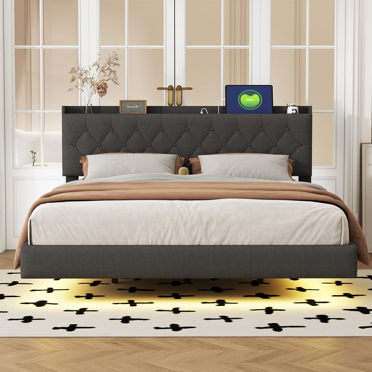 Upholstered Bed, 160x200cm, USB & LED, Linen Gray