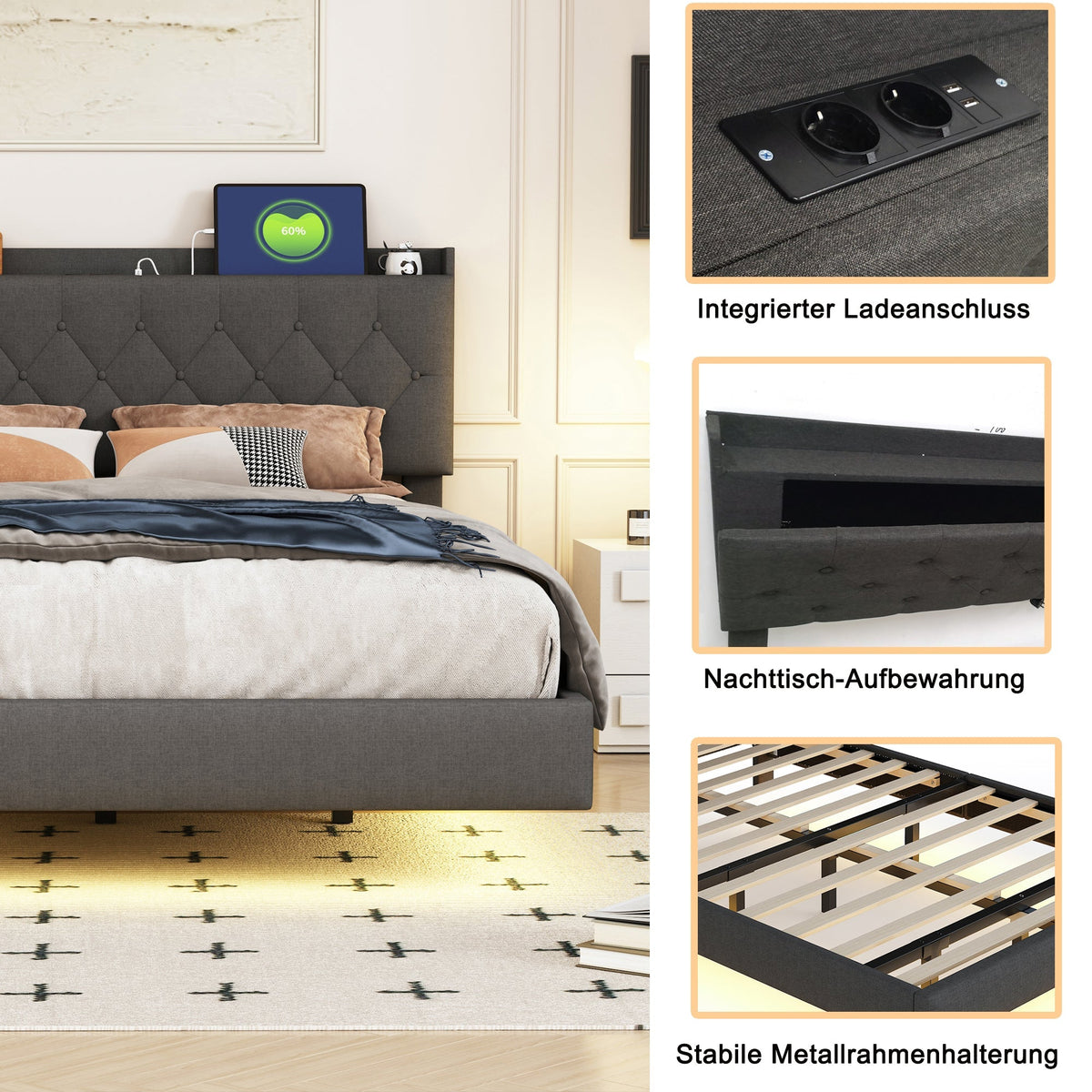 Upholstered Bed, 160x200cm, USB & LED, Linen Gray