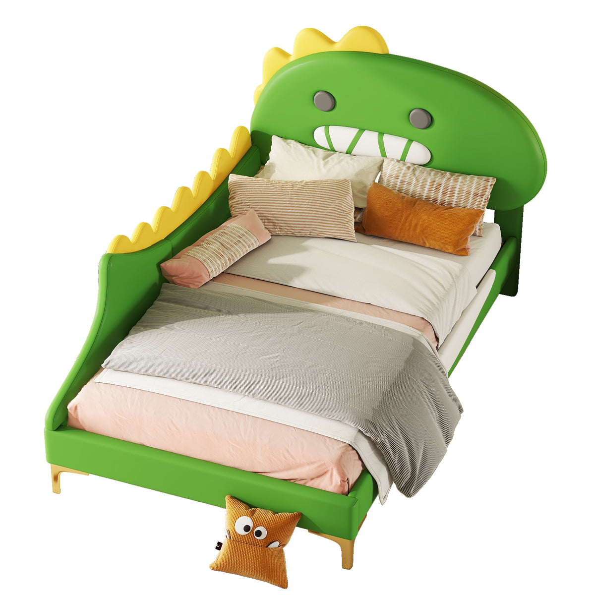 Children's Bed 90x200cm Dinosaur Shape Flat Bed, Green PU