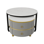 Coffee Table, 2-in-1 Round MDF with 2 Drawers, White Marble & Glossy Top