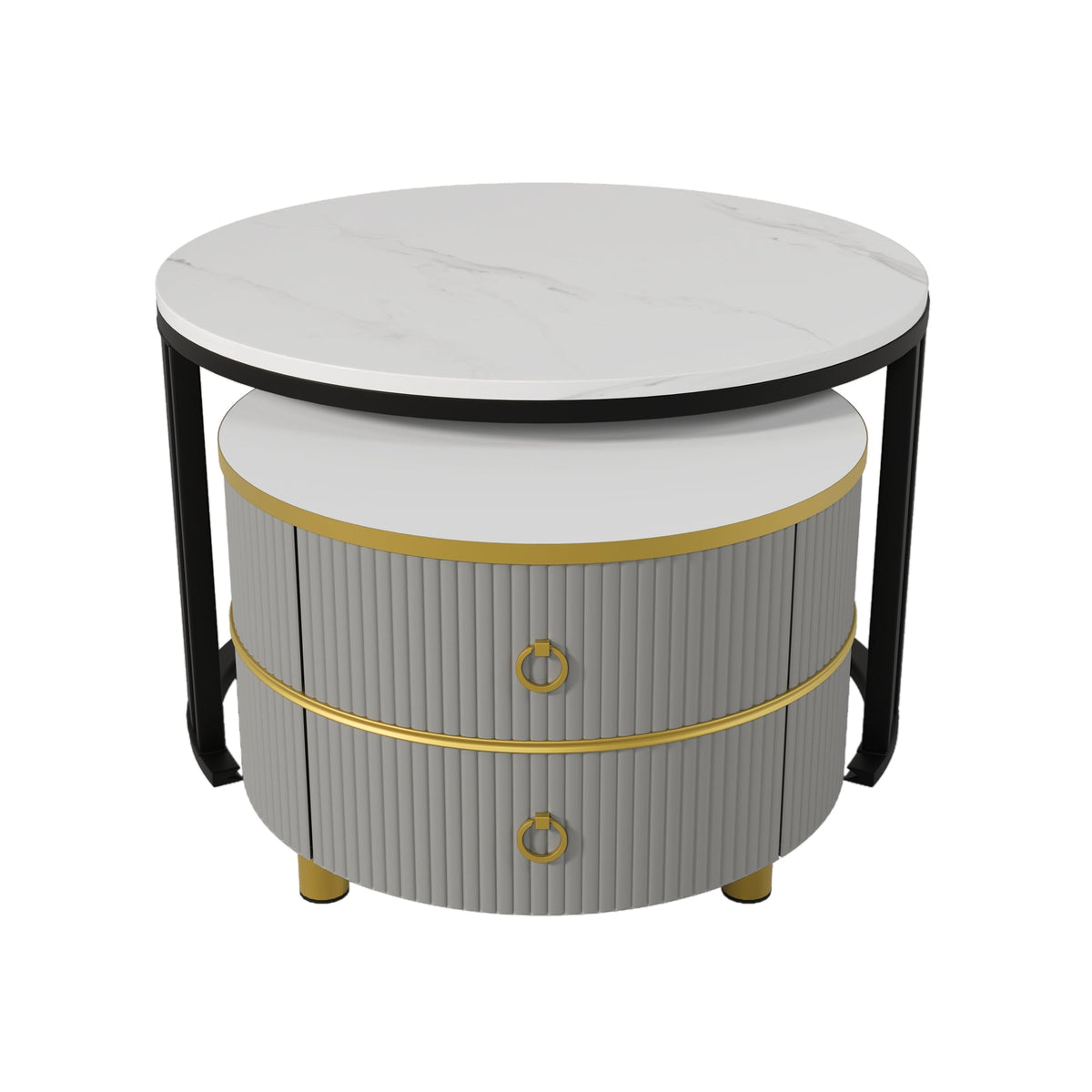 Coffee Table, 2-in-1 Round MDF with 2 Drawers, White Marble & Glossy Top