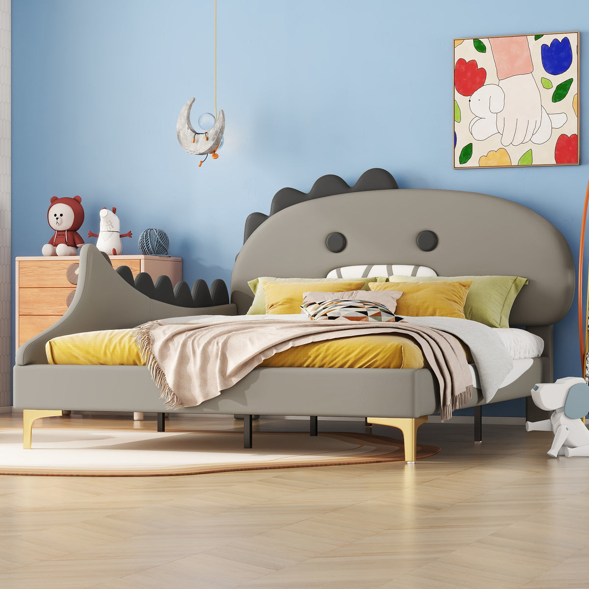 Children's Bed 140x200 Cartoon Dinosaur Shape, Grey PU