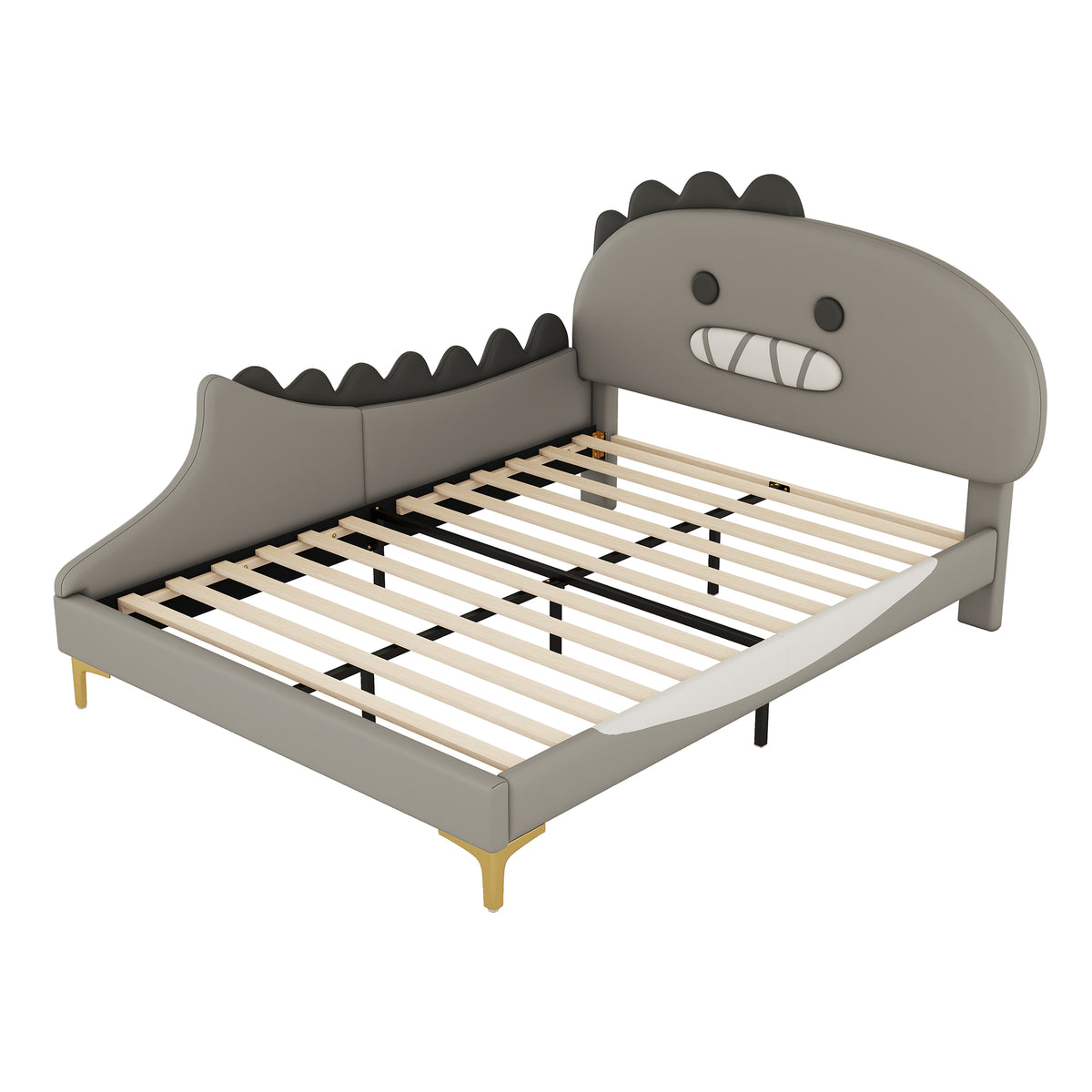 Children's Bed 140x200 Cartoon Dinosaur Shape, Grey PU