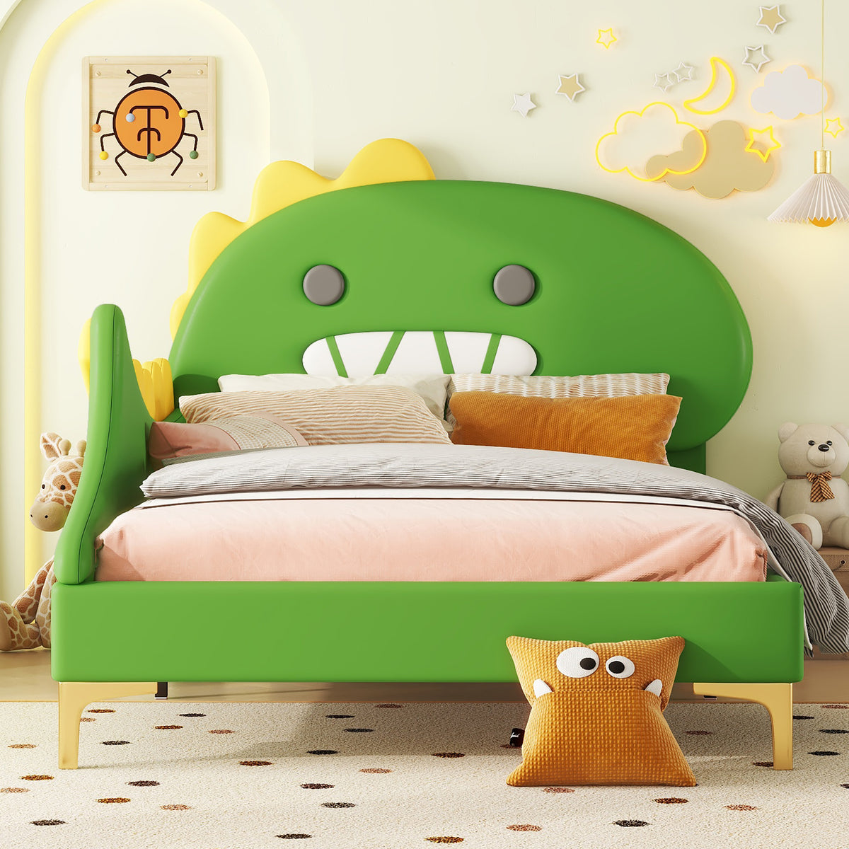 Children's Bed 90x200cm Dinosaur Shape Flat Bed, Green PU