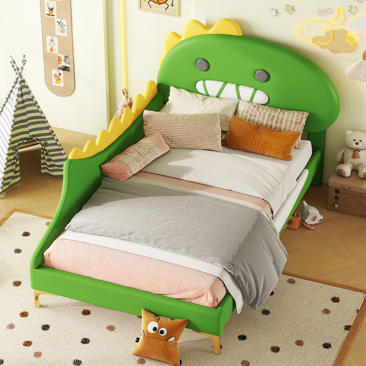 Children's Bed 90x200cm Dinosaur Shape Flat Bed, Green PU