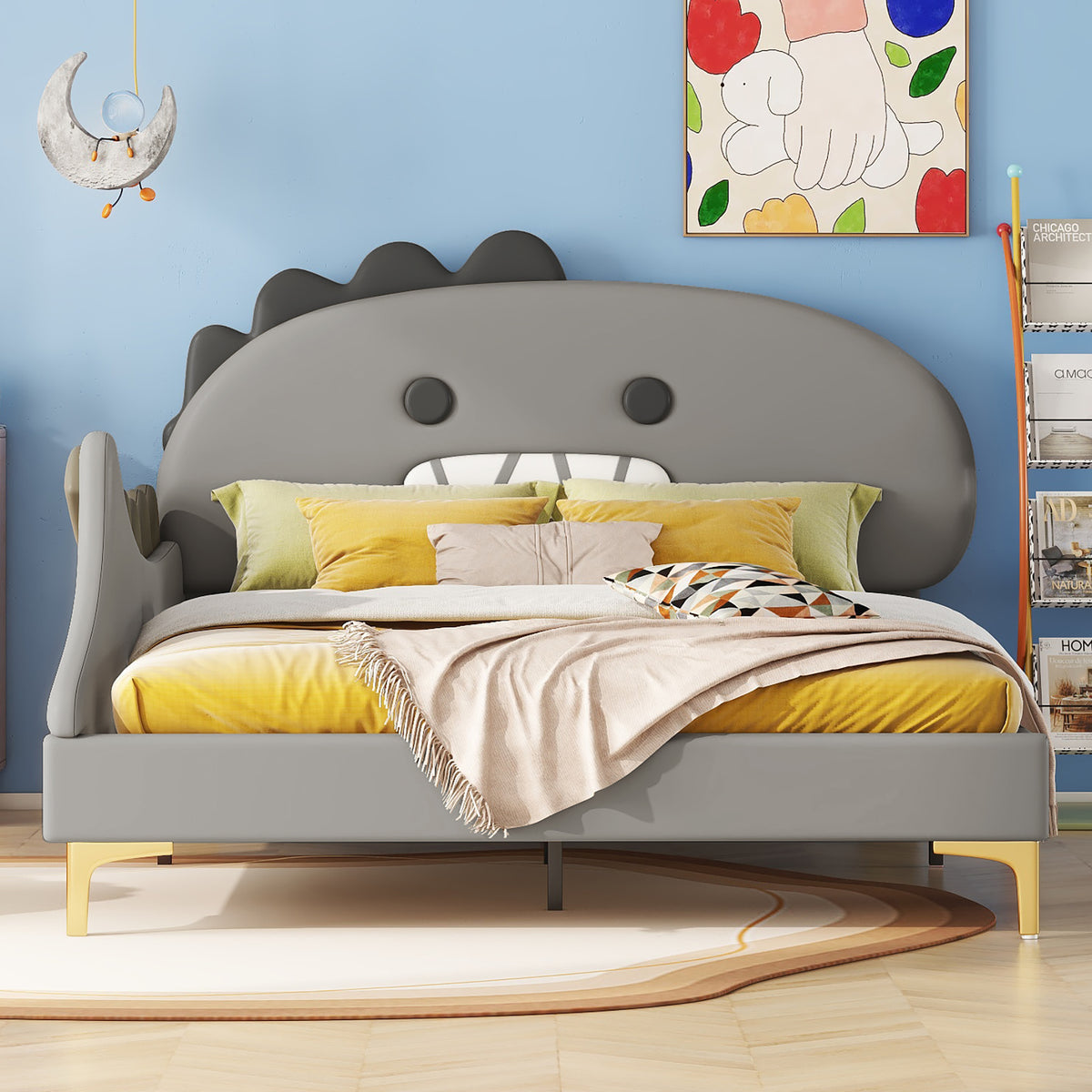 Children's Bed 140x200 Cartoon Dinosaur Shape, Grey PU