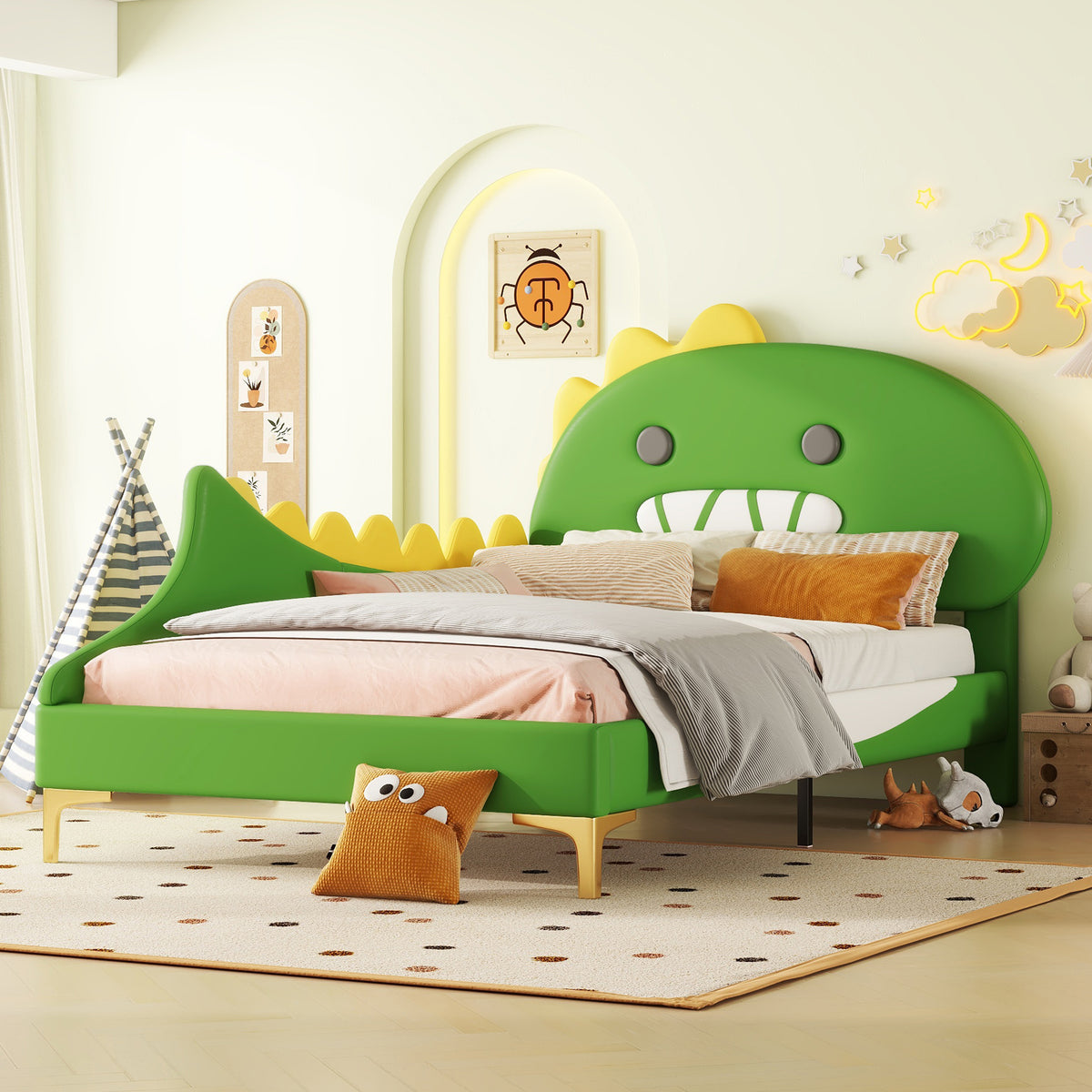 Children's Bed 90x200cm Dinosaur Shape Flat Bed, Green PU
