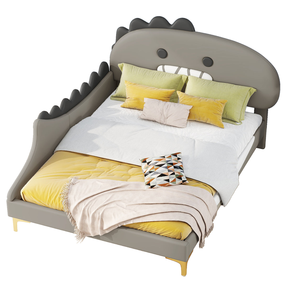 Children's Bed 140x200 Cartoon Dinosaur Shape, Grey PU
