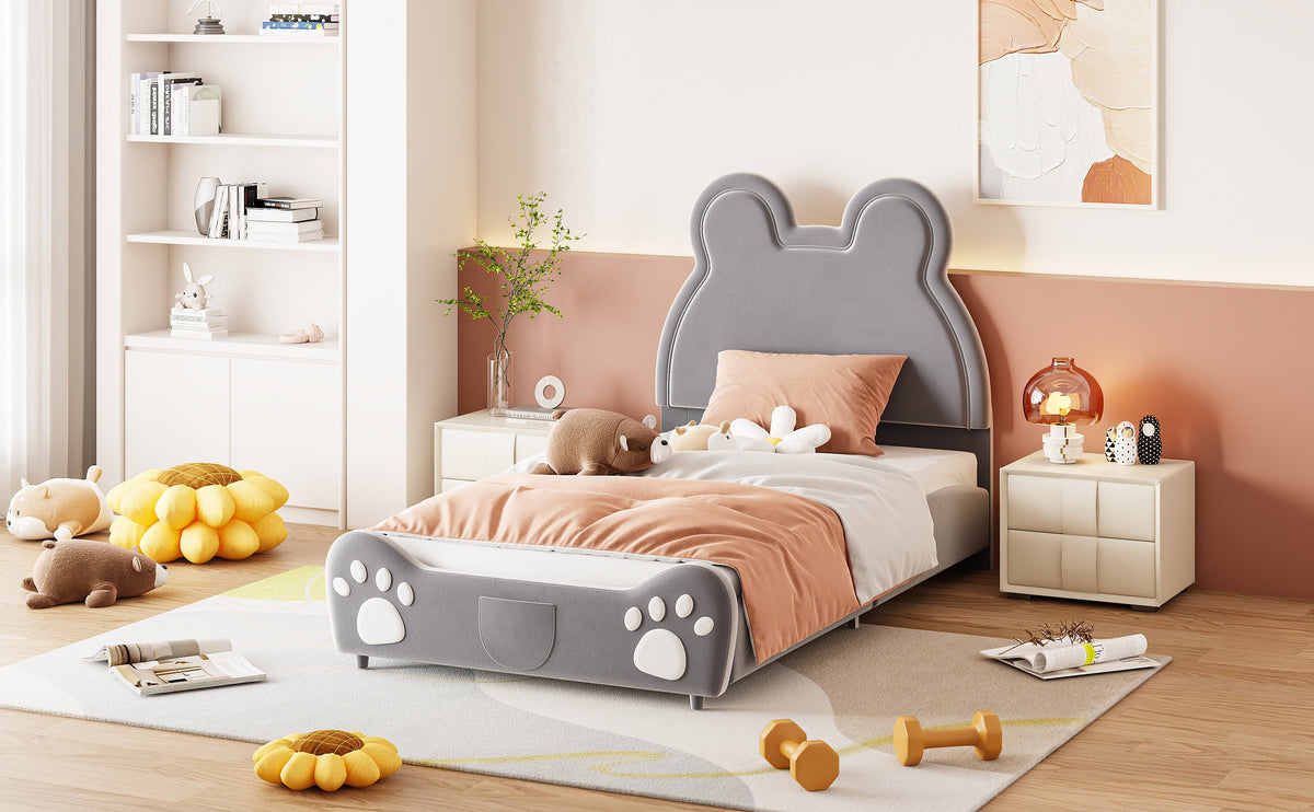 Children's Upholstered Bed, Bear-Shaped Single 90x200cm, Gray Velour