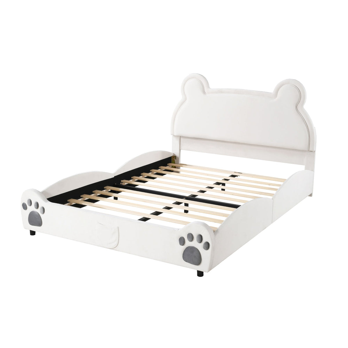 Children's Upholstered Bed, 140x200cm Bear-Shaped, White Velour