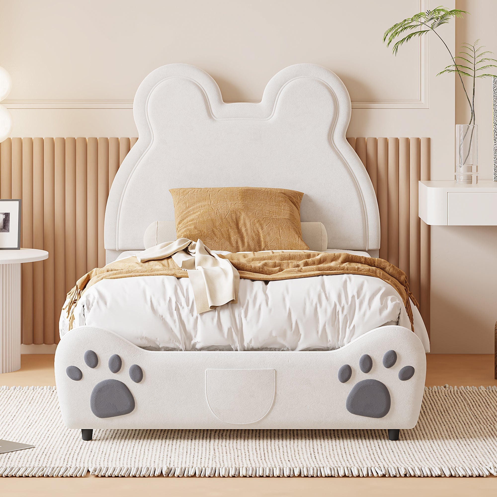 Upholstered Bed, Children's 90x200cm Bear-Shaped, White Velour
