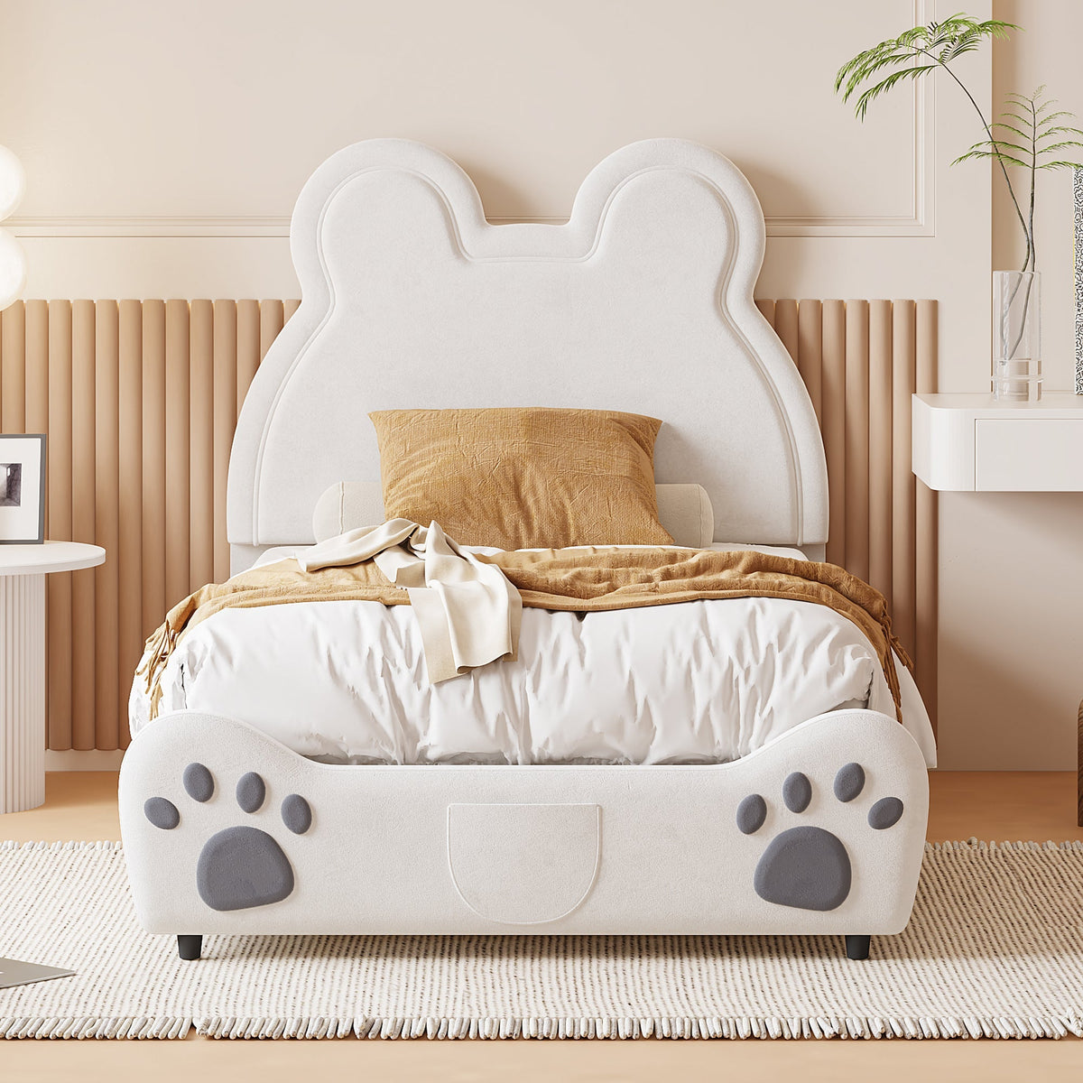 Upholstered Bed, Children's 90x200cm Bear-Shaped, White Velour
