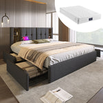 Upholstered Double Bed 160x200cm with 4 Drawers - Grey Linen