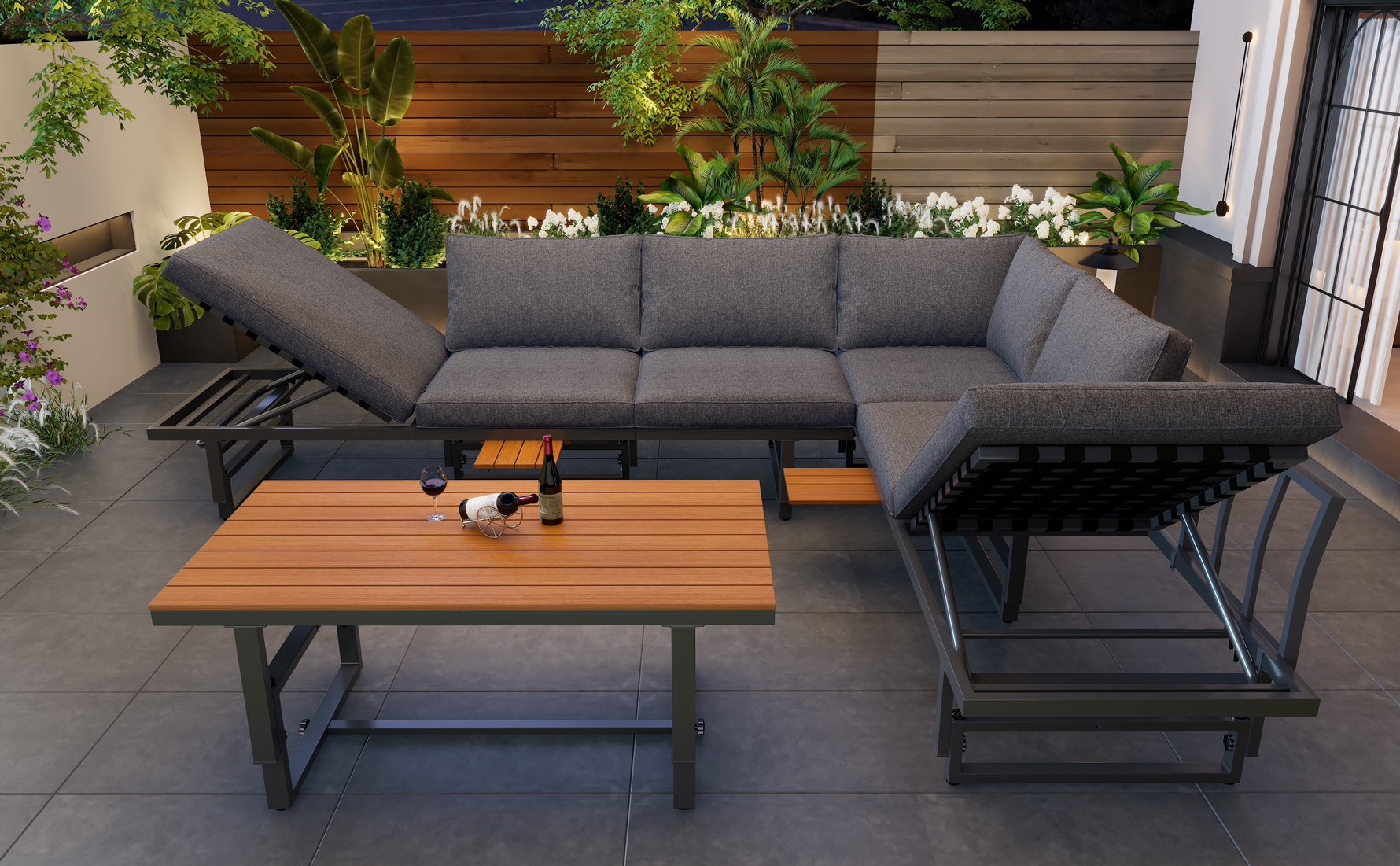 Garden Furniture Set 3-Piece 2 Sofas Table Adjustable Backrest Acacia Wood Grey
