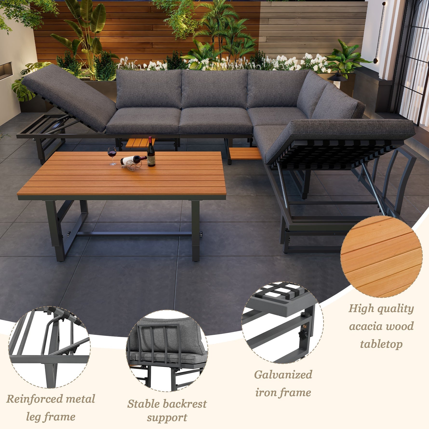 Garden Furniture Set 3-Piece 2 Sofas Table Adjustable Backrest Acacia Wood Grey