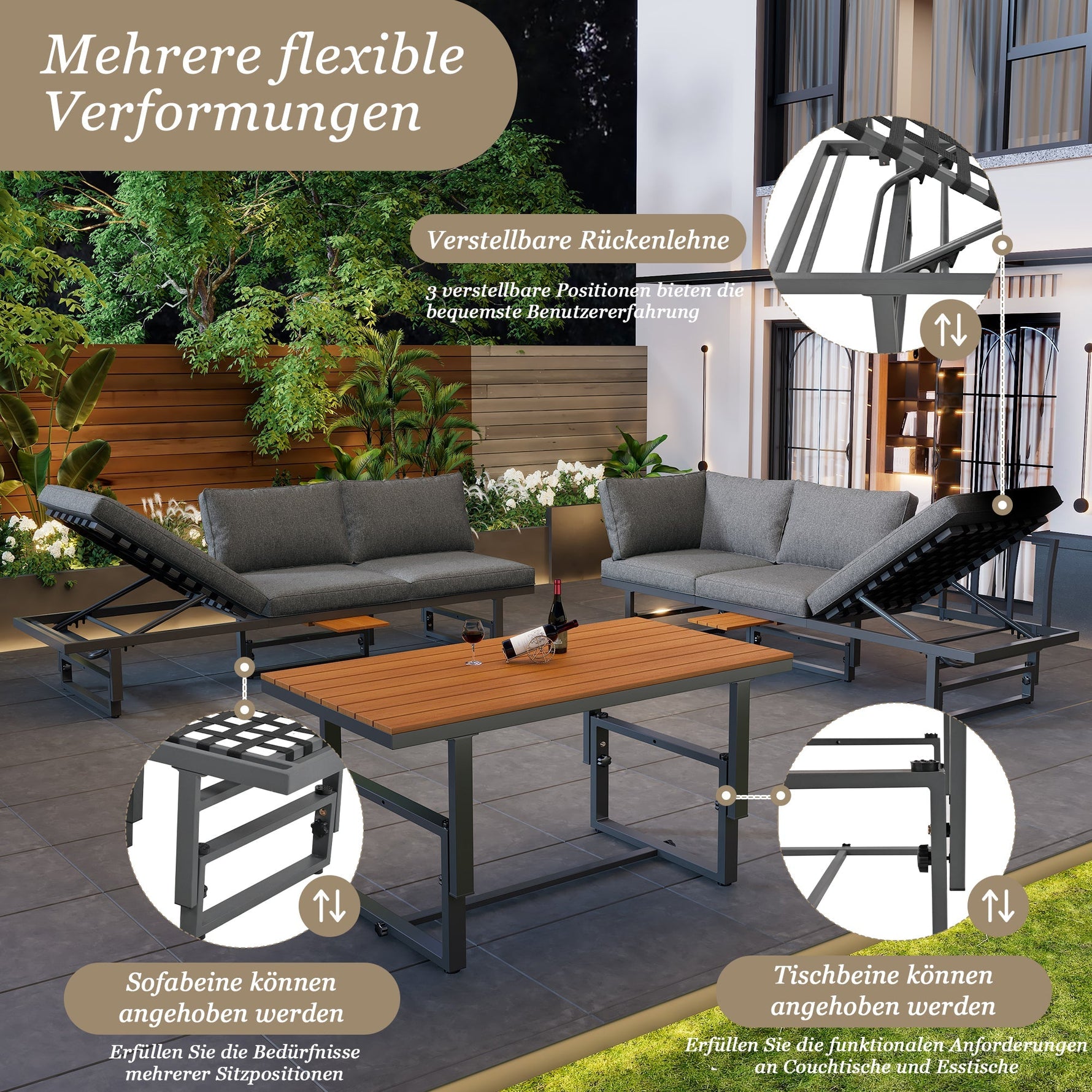 Garden Furniture Set 3-Piece 2 Sofas Table Adjustable Backrest Acacia Wood Grey