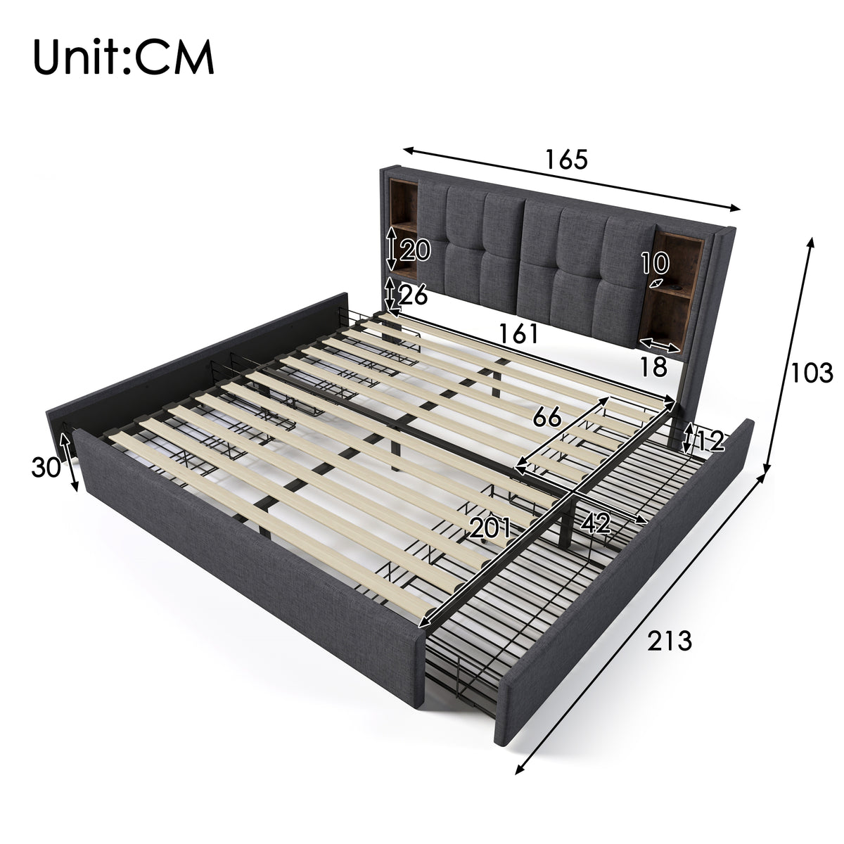 Upholstered Double Bed 160x200cm with 4 Drawers - Grey Linen