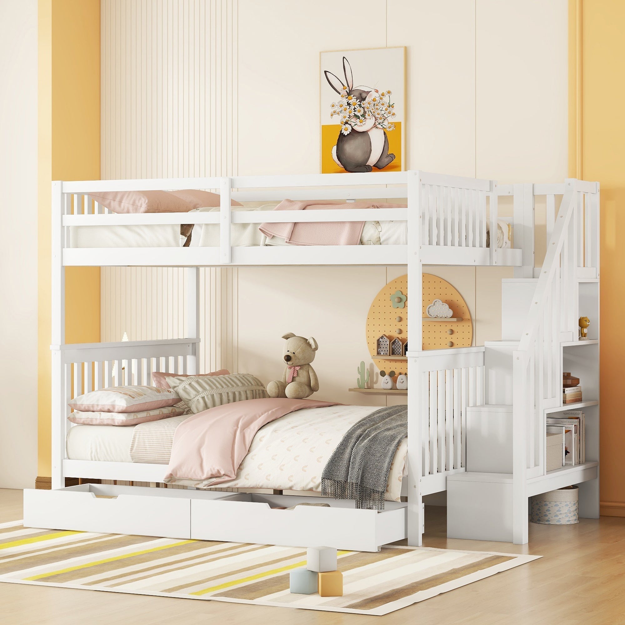 Bunk Bed 140x200cm Stair Storage 2 Drawers White
