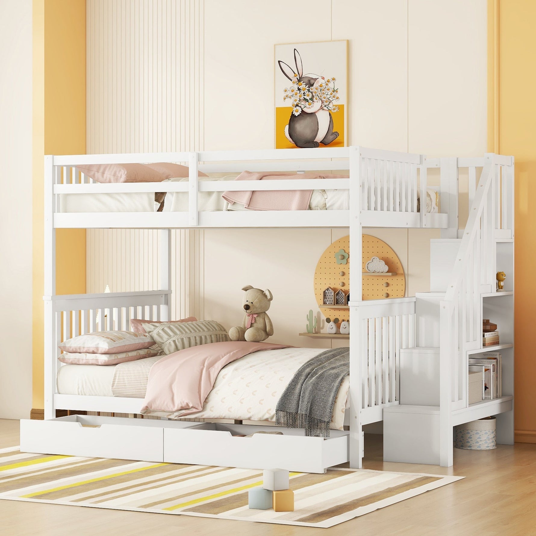 Bunk Bed 140x200cm Stair Storage 2 Drawers White