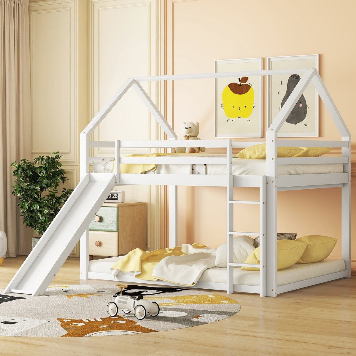 House Bunk Bed 140x200cm Double with Slide & Ladder - White
