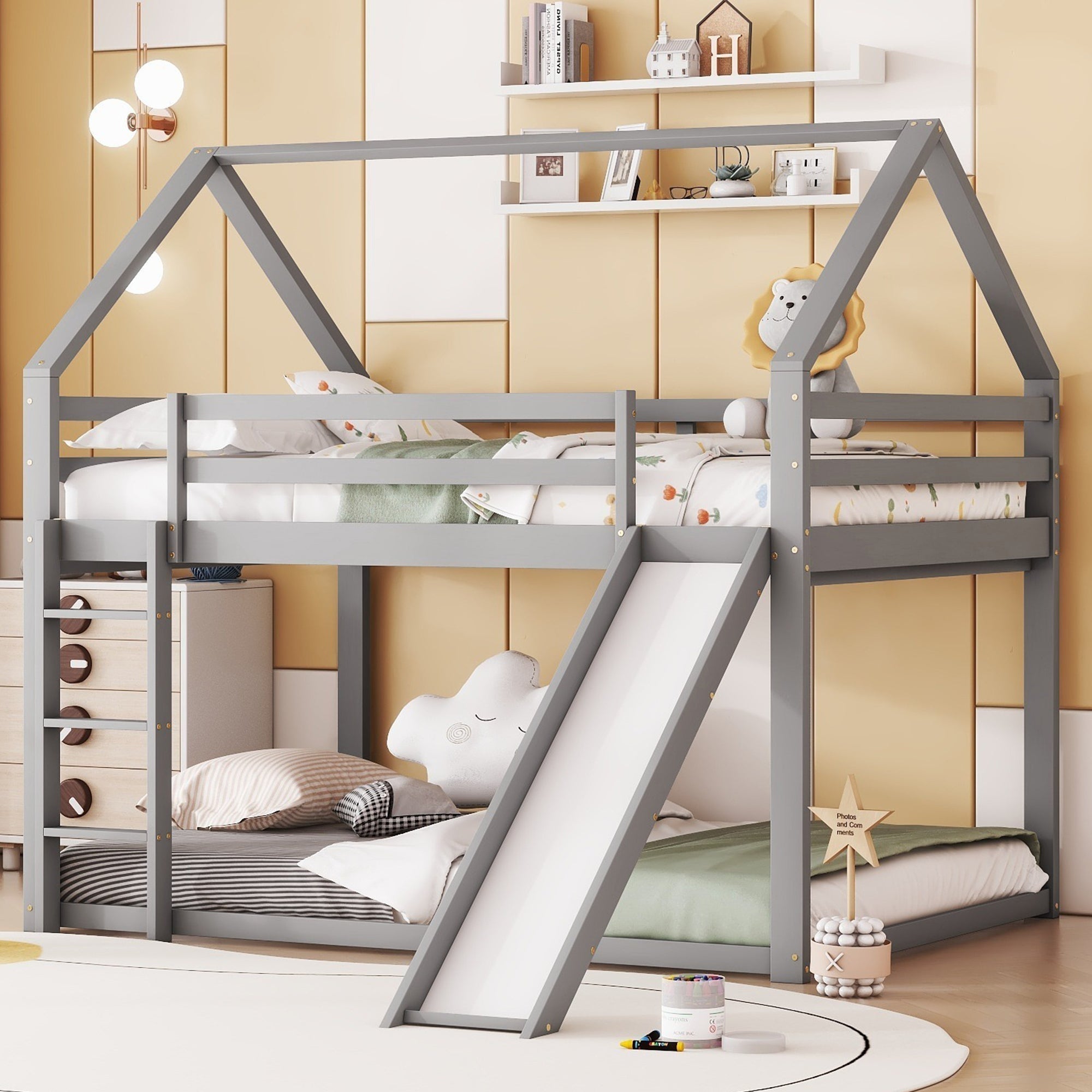 Bunk Bed 140x200cm House Bed Slide & Ladder - Grey