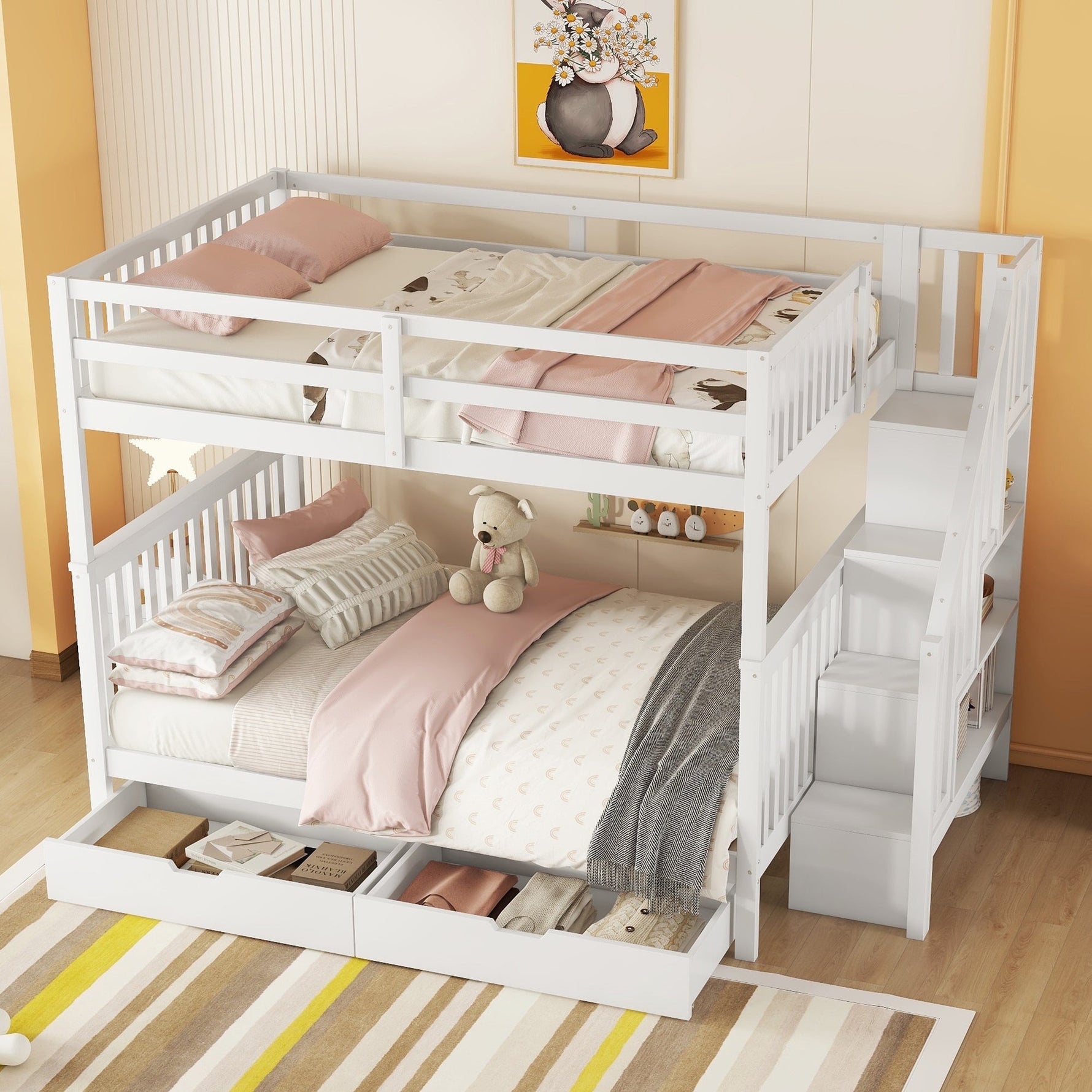 Bunk Bed 140x200cm Stair Storage 2 Drawers White