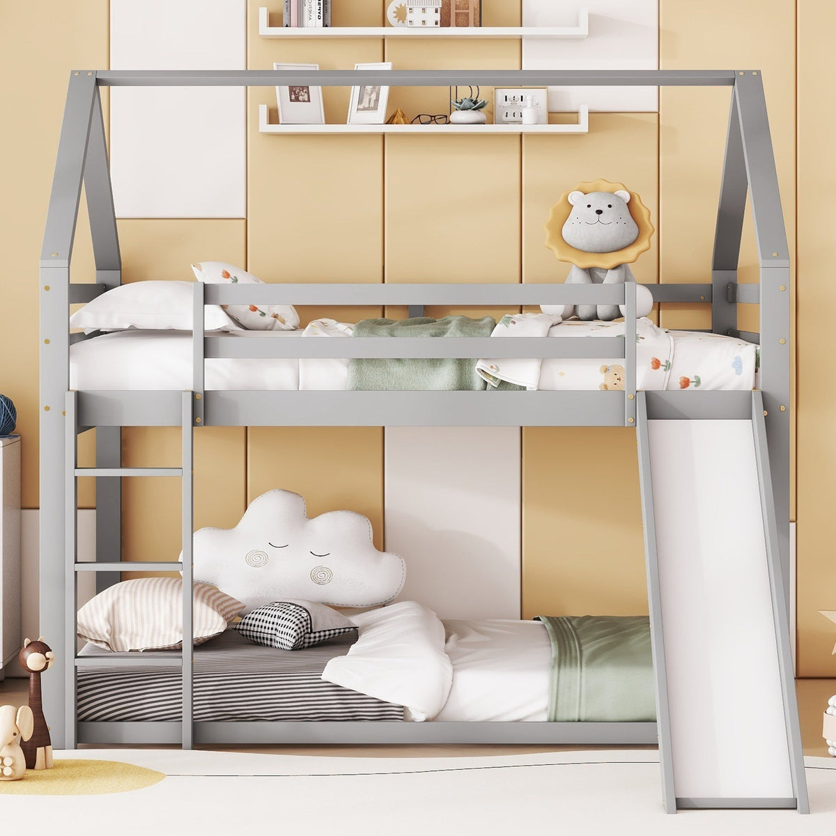 Bunk Bed 140x200cm House Bed Slide & Ladder - Grey