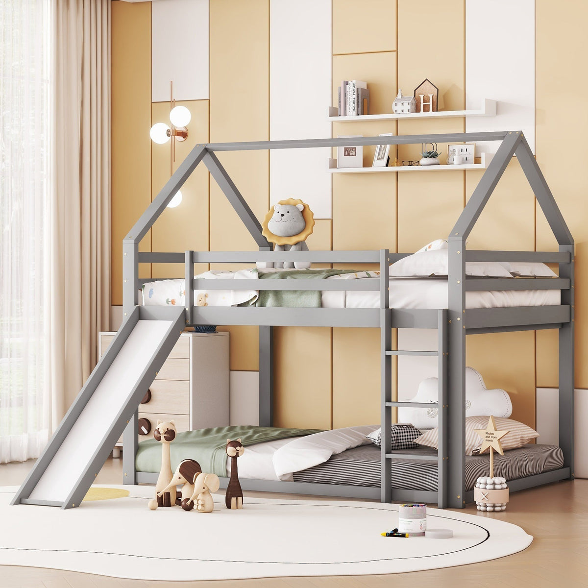 Bunk Bed 140x200cm House Bed Slide & Ladder - Grey