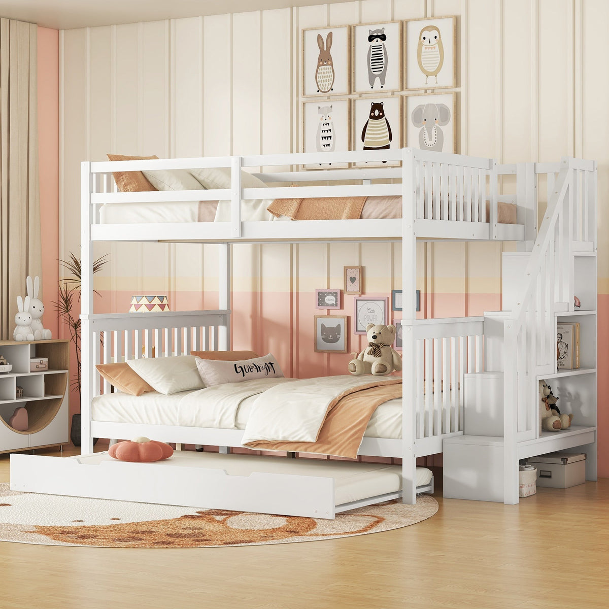 Bunk Bed 140x200cm Stair Shelf Pull-out Trundle - White