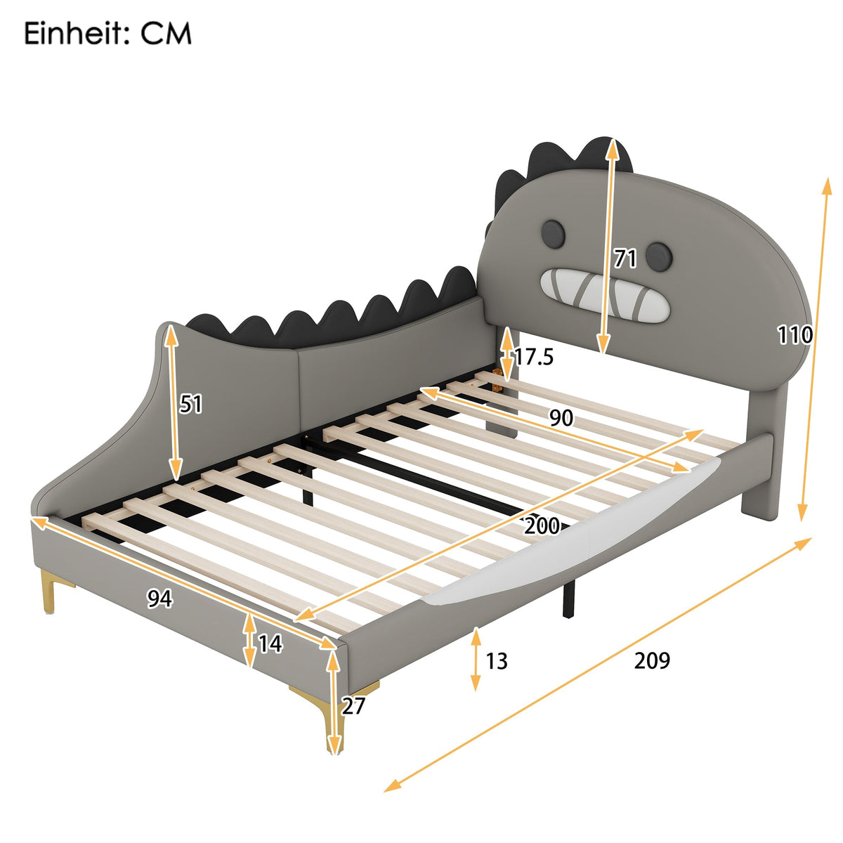 Children's Bed 90x200cm Dinosaur Shape Flat Bed - PU Grey
