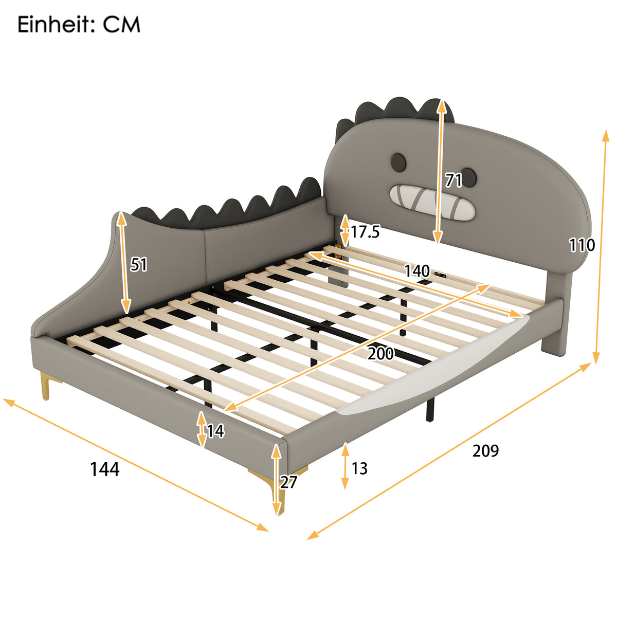 Children's Bed 140x200 Cartoon Dinosaur Shape, Grey PU