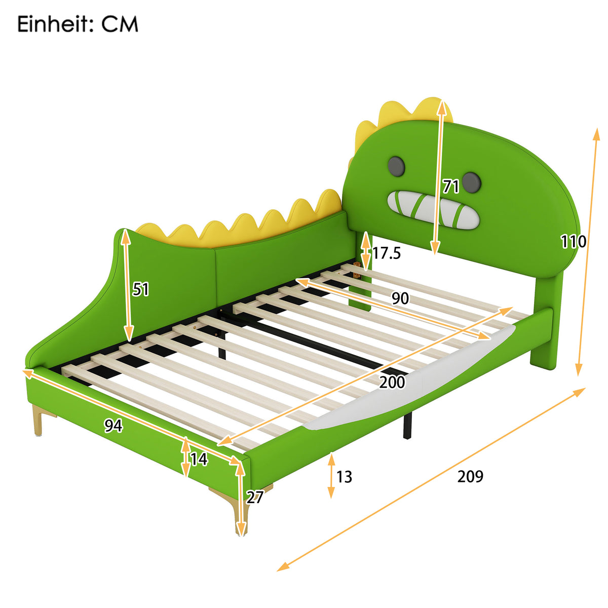 Children's Bed 90x200cm Dinosaur Shape Flat Bed, Green PU