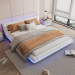 Flatbed Floor Bed 160x200cm with LED Ambient Light, White PU