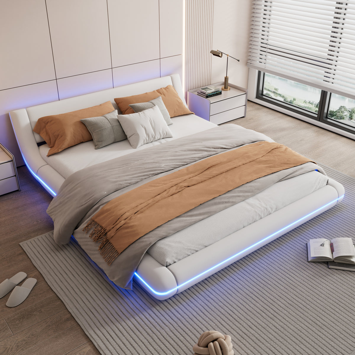 Flatbed Floor Bed 160x200cm with LED Ambient Light, White PU