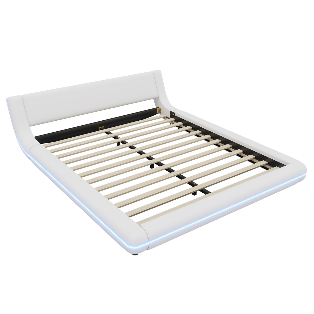Flatbed Floor Bed 160x200cm with LED Ambient Light, White PU