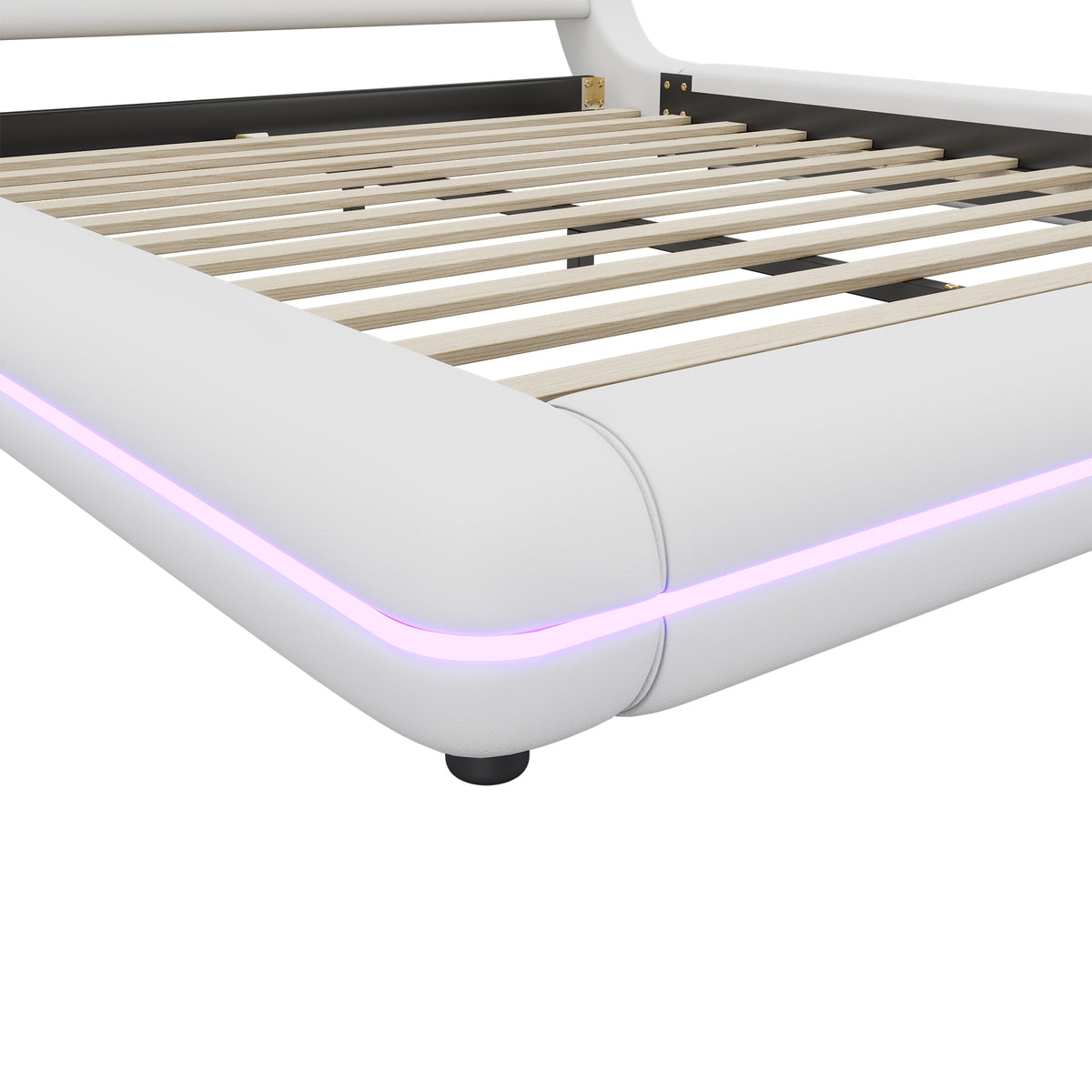 Flatbed Floor Bed 160x200cm with LED Ambient Light, White PU