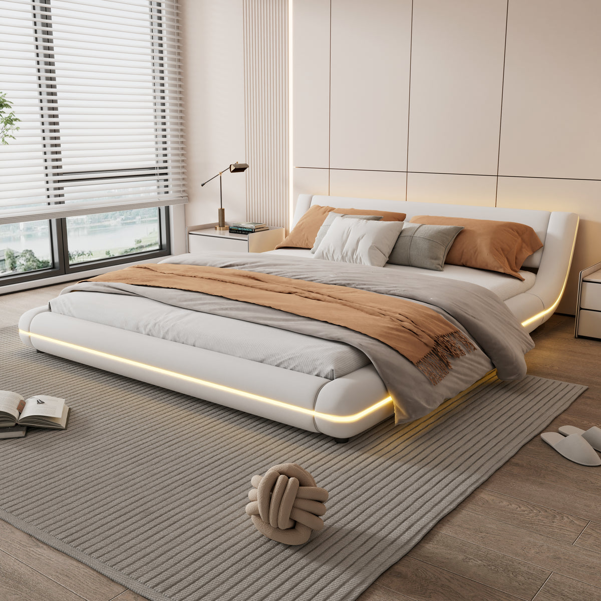 Flatbed Floor Bed 160x200cm with LED Ambient Light, White PU