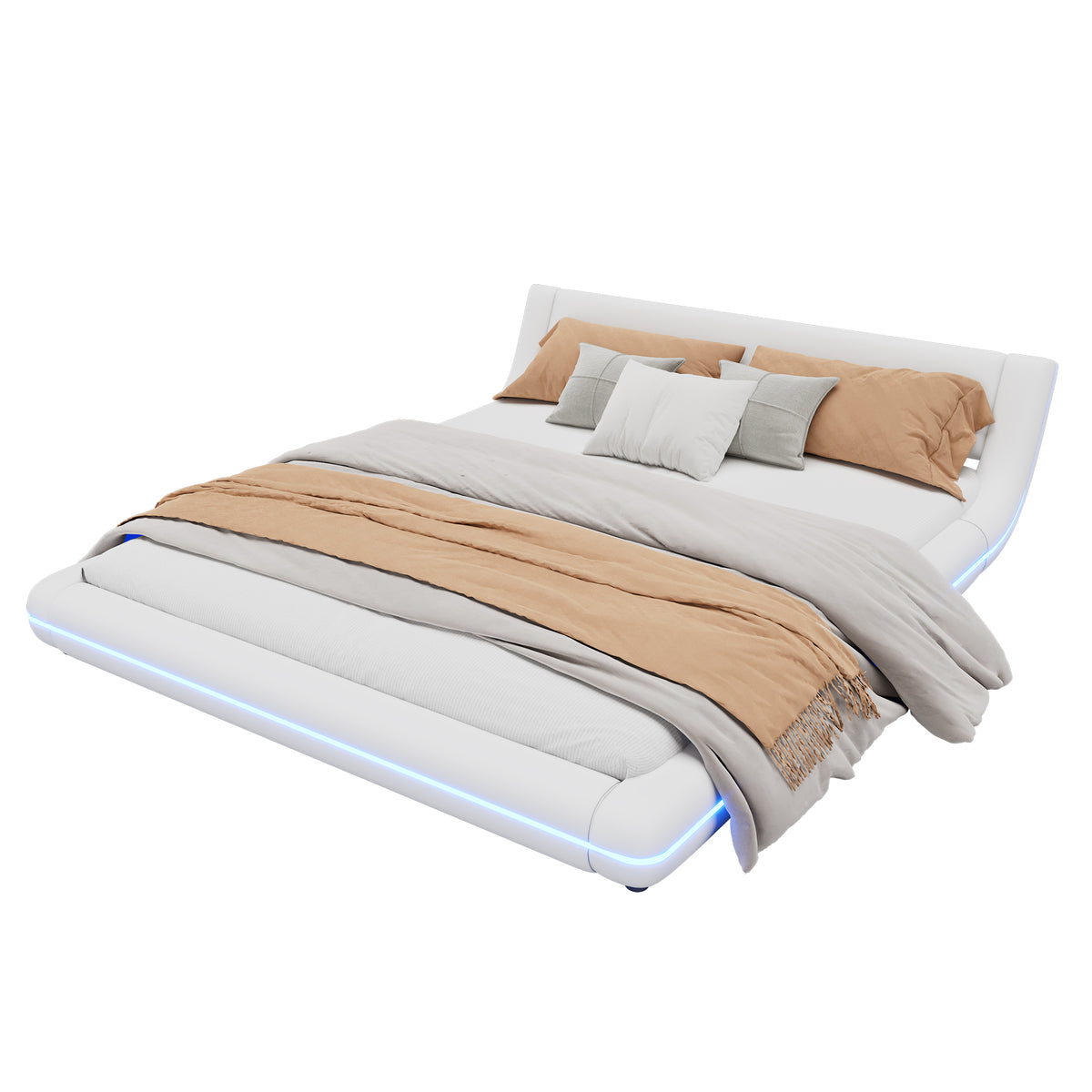 Flatbed Floor Bed 160x200cm with LED Ambient Light, White PU