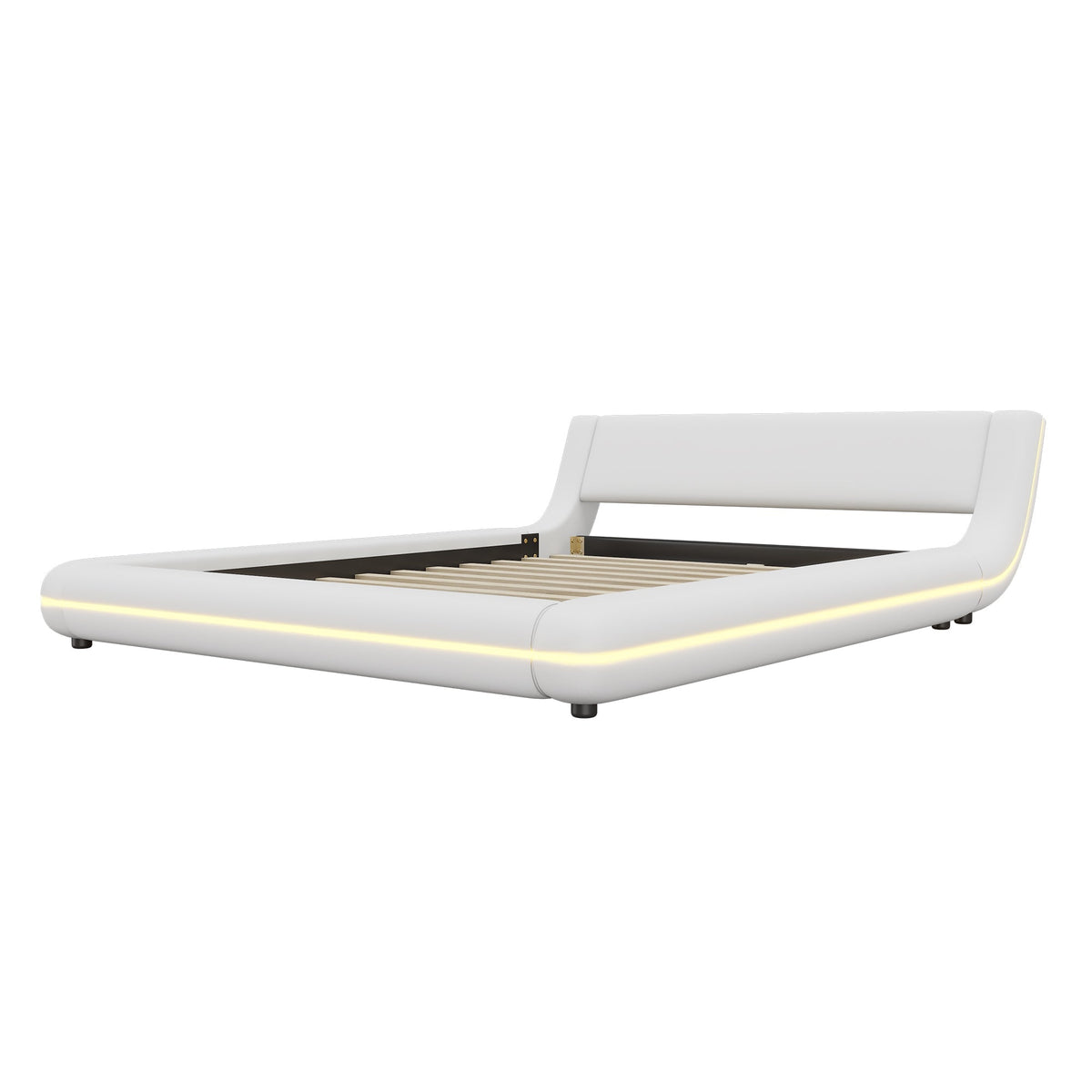 Flatbed Floor Bed with LED Ambient Light, 140x200cm, White PU